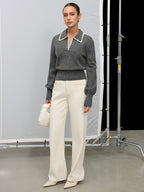 Contrast Embroidered Trim Polo Sweater