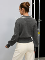 Contrast Embroidered Trim Polo Sweater