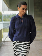Cable-Knit Polo Collar Buckle-Detail Sweater