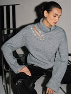 Crystal-Embellished Cut-Out Turtleneck Sweater