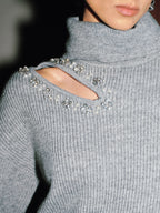 Crystal-Embellished Cut-Out Turtleneck Sweater