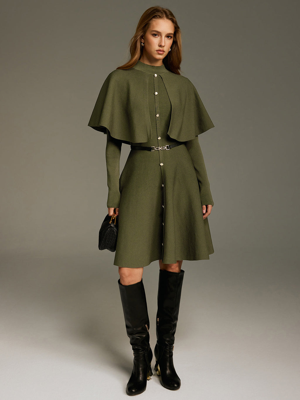 Capelet-Style Button-Front Belted Midi Dress