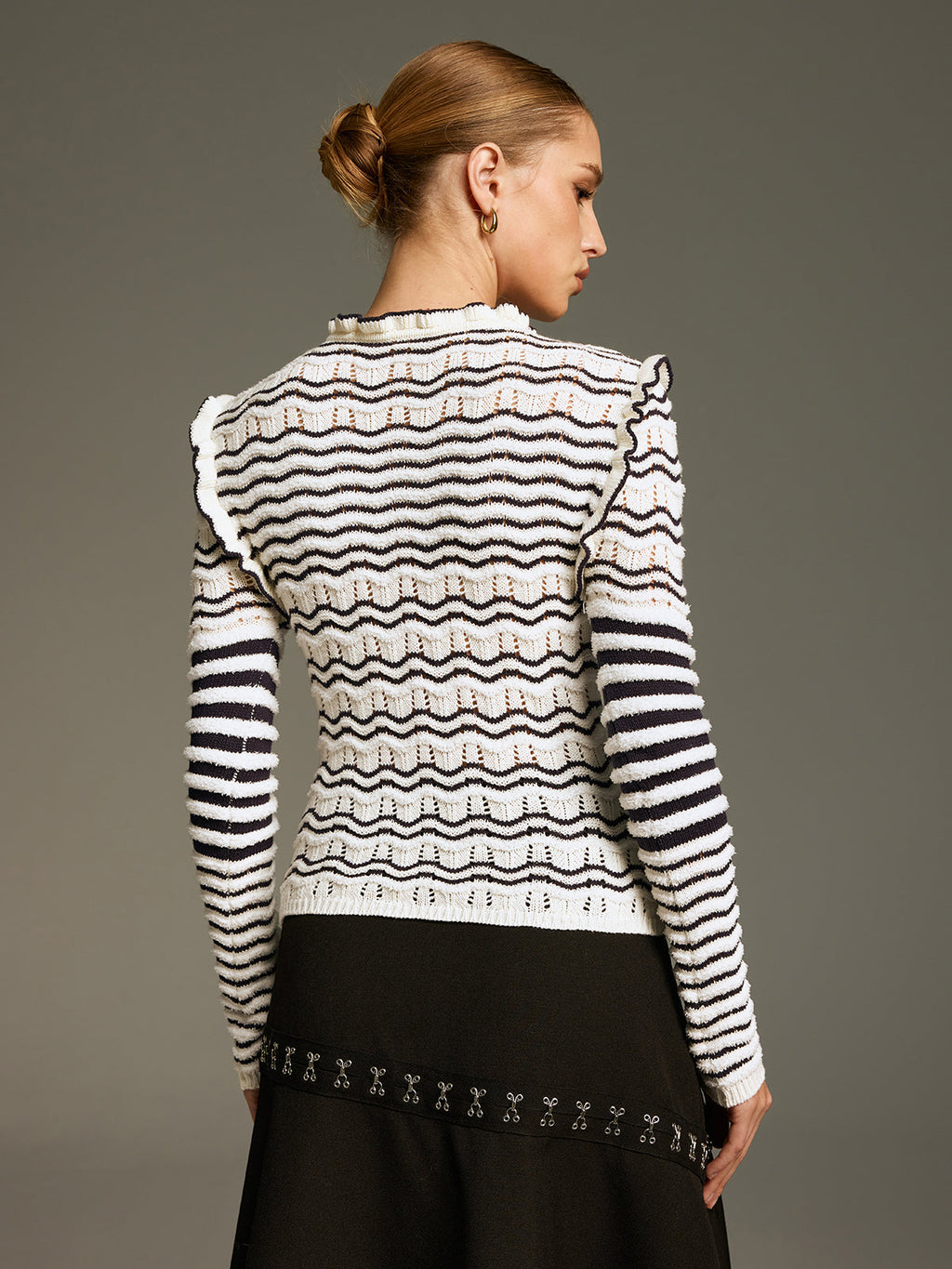 Ruffled Striped Openwork Knit Top