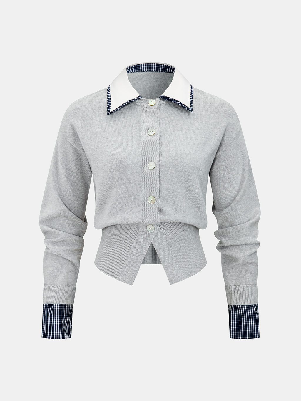 Plaid Detail Contrast Collar Knit Cardigan