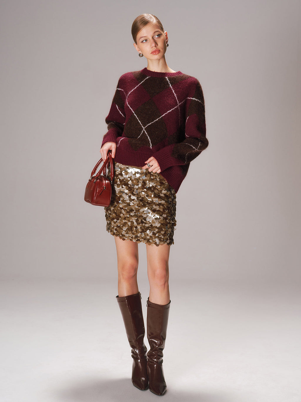 Crew Neck Argyle Wool-Blend Sweater