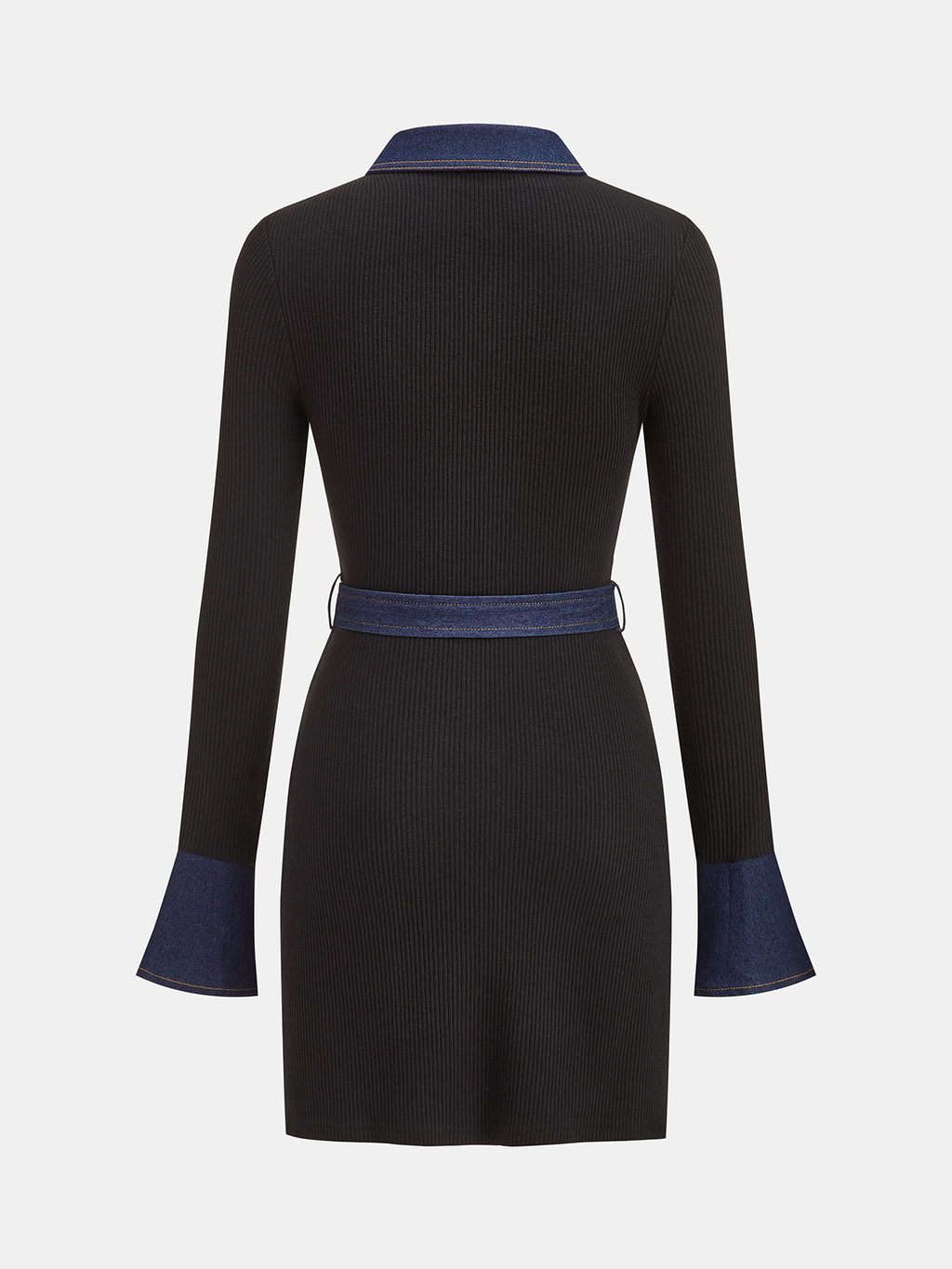 Belted Denim Panel Ribbed Knit Mini Dress