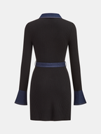 Belted Denim Panel Ribbed Knit Mini Dress