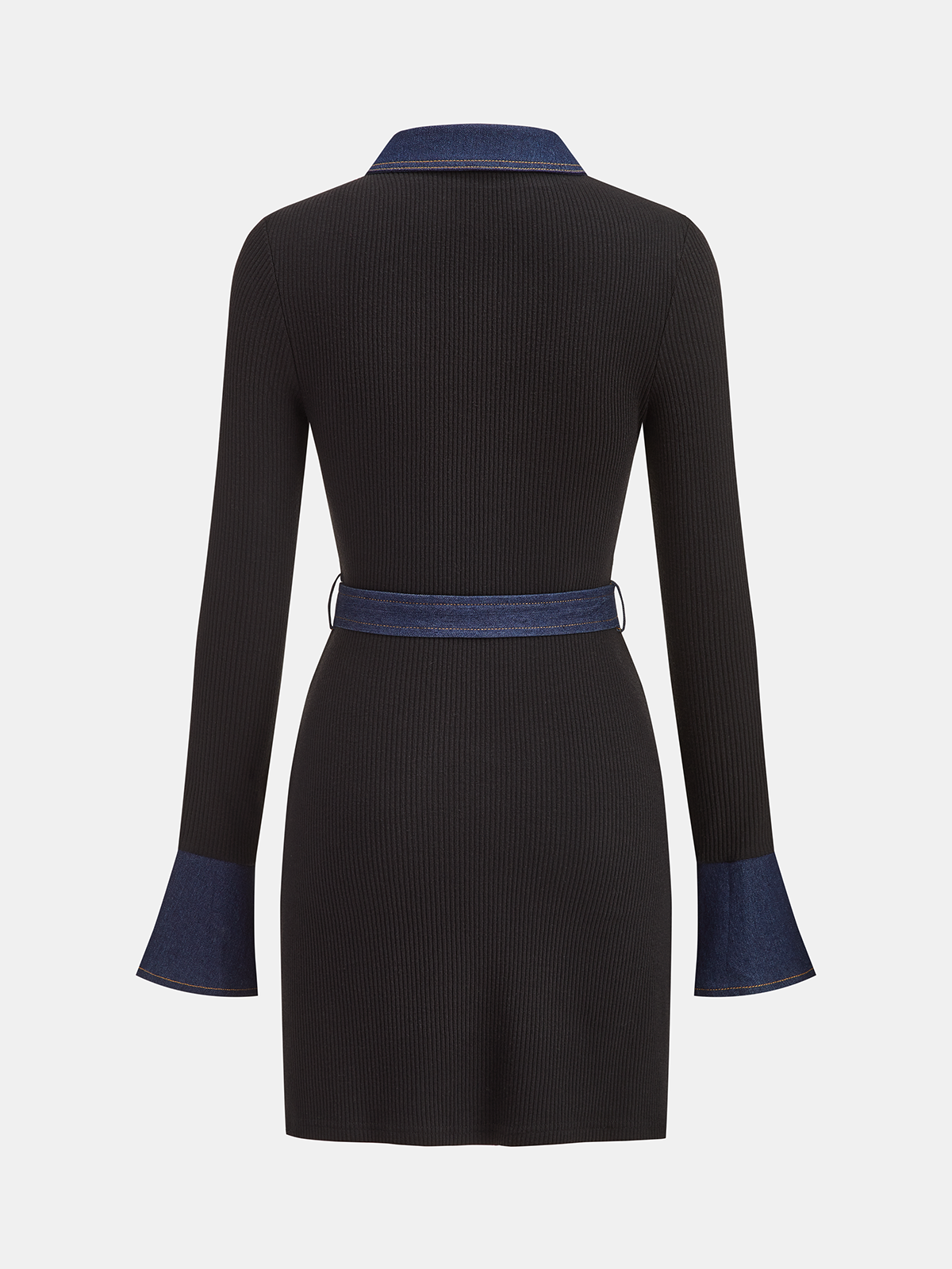 Belted Denim Panel Ribbed Knit Mini Dress
