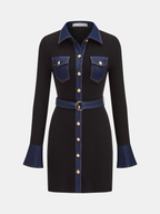 Belted Denim Panel Ribbed Knit Mini Dress