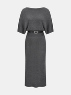 Batwing Sleeve Belted Knit Midi Dress