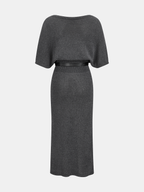 Batwing Sleeve Belted Knit Midi Dress