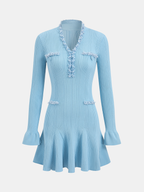 Ruffled Hem Pearl Trim Knit Mini Dress