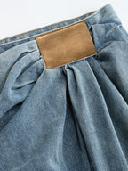 Asymmetrical Ruched Denim Wide-Leg Pants