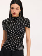 Polka Dot Cut-Out Ruched Short-Sleeve Blouse