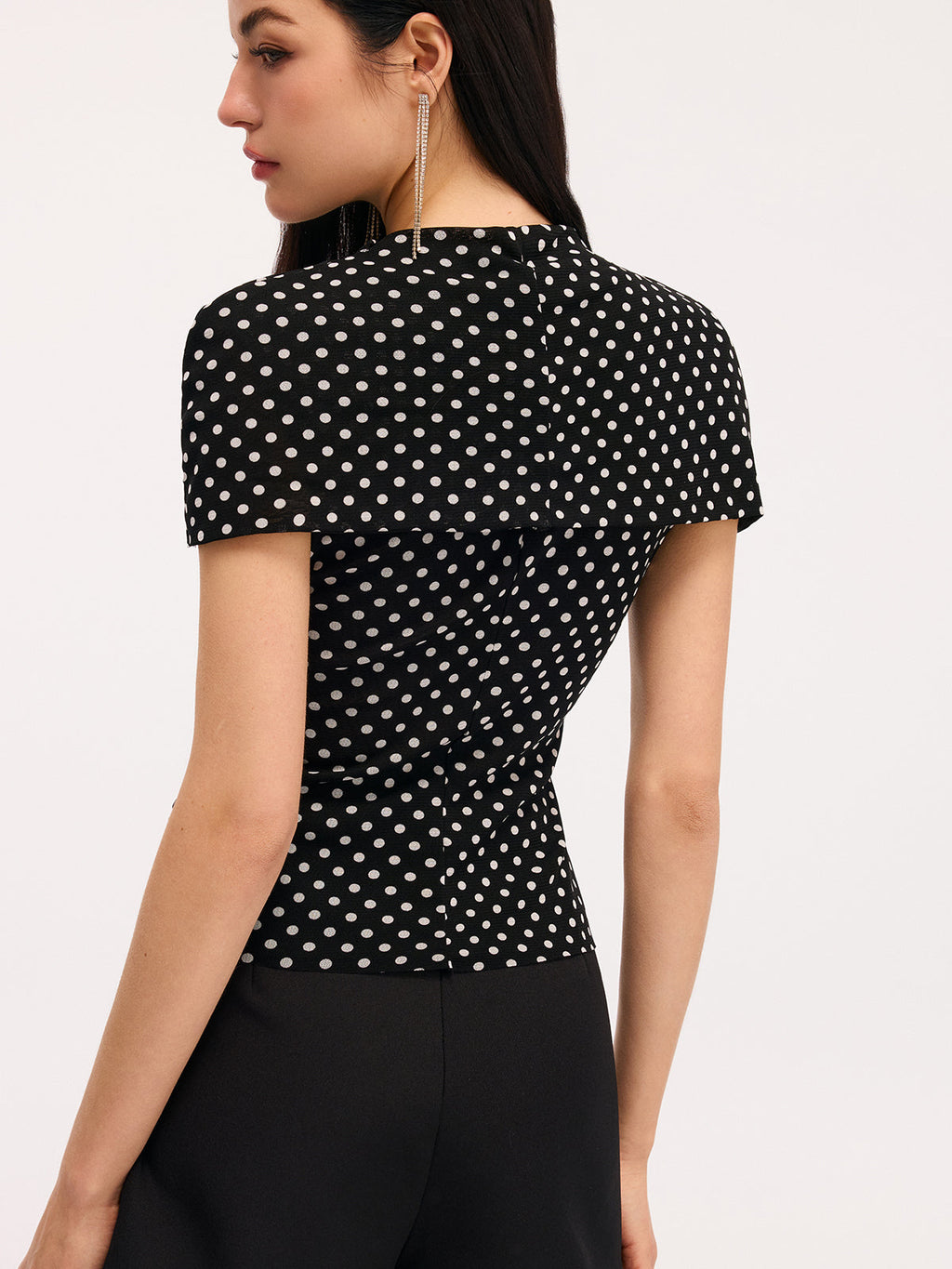 Polka Dot Cut-Out Ruched Short-Sleeve Blouse