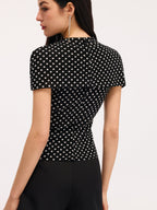 Polka Dot Cut-Out Ruched Short-Sleeve Blouse