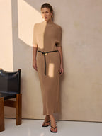 Belted Ribbed Knit Midi Dress