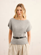 Belted Ribbed Knit Boat Neck Top