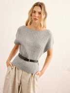 Belted Ribbed Knit Boat Neck Top