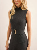 High Neck Sleeveless Belted Maxi Dress