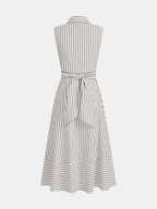 Striped Collared Sleeveless Tie Waist Midi Dress