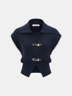 Metal Clasp Contrast Trim Collared Knit Vest