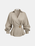 Linen Blend Balloon Sleeve Wrap Blouse