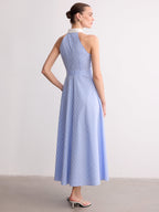 Collared Striped Sleeveless Buttoned Maxi Dress