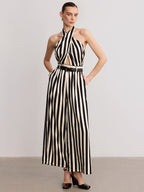 Halter Striped Belted Jumpsuit