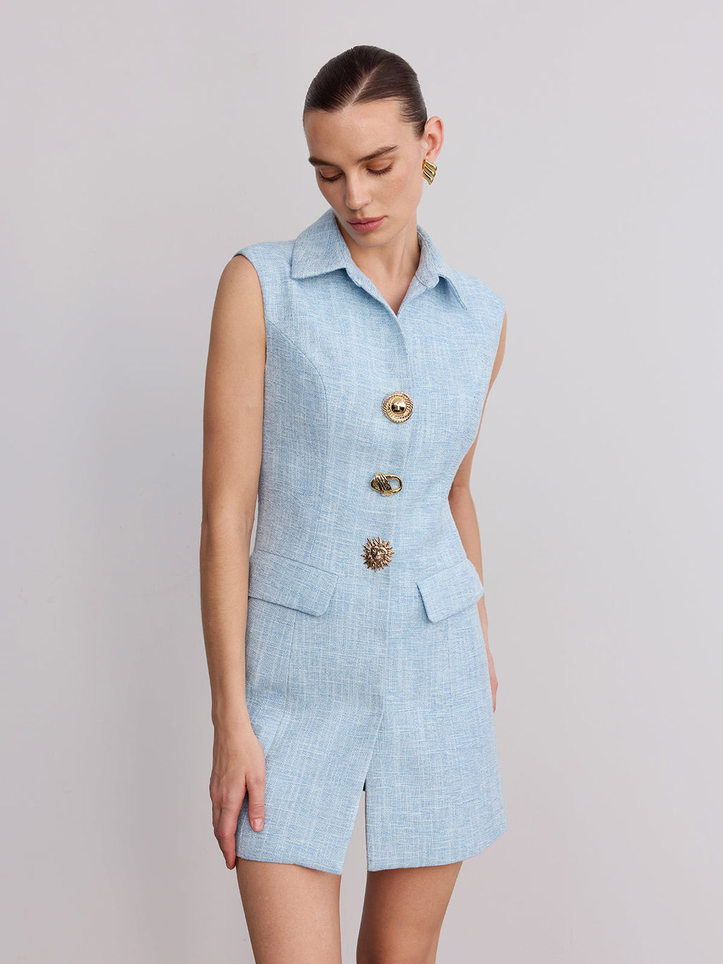 Sleeveless Collared Tweed Mini Dress