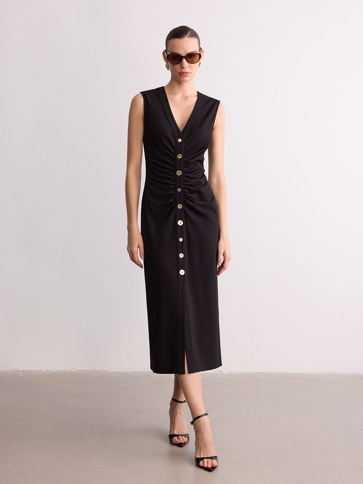 Sleeveless V-Neck Ruched Button-Front Midi Dress