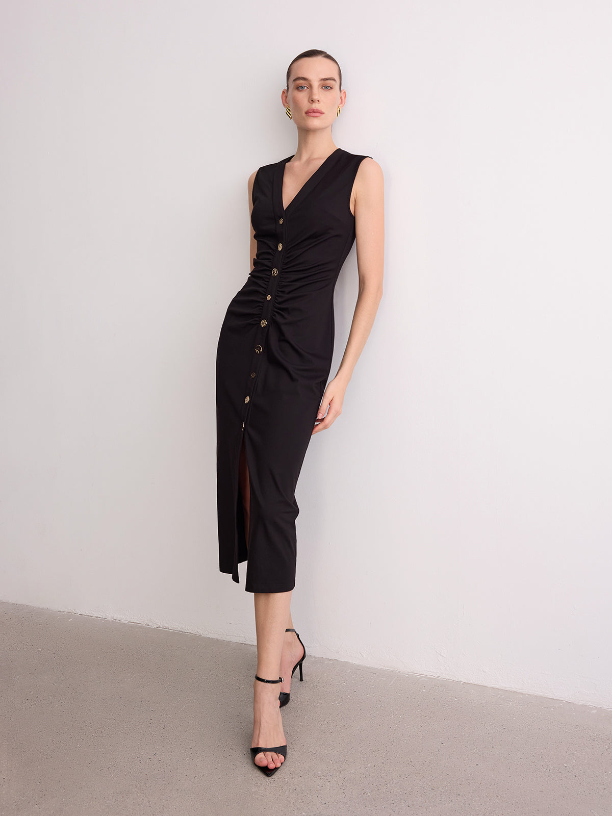 Sleeveless V-Neck Ruched Button-Front Midi Dress