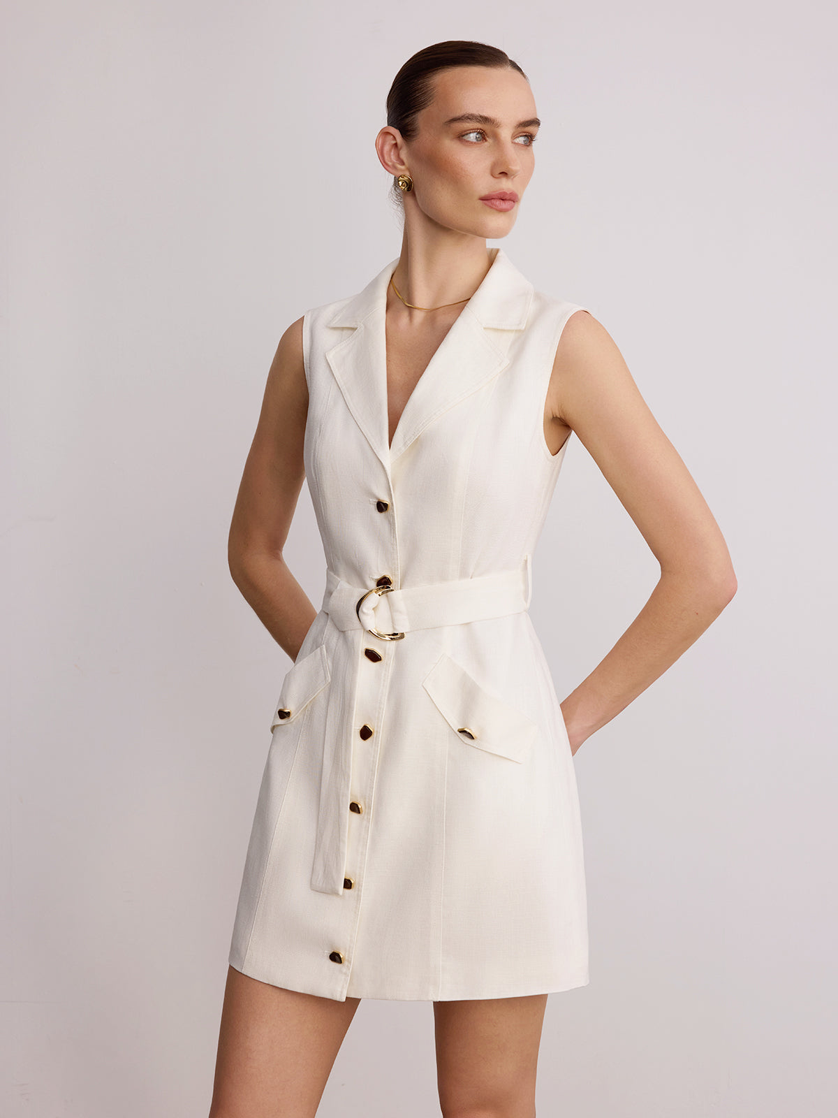 Blazer Collar Sleeveless Belted Linen Mini Dress