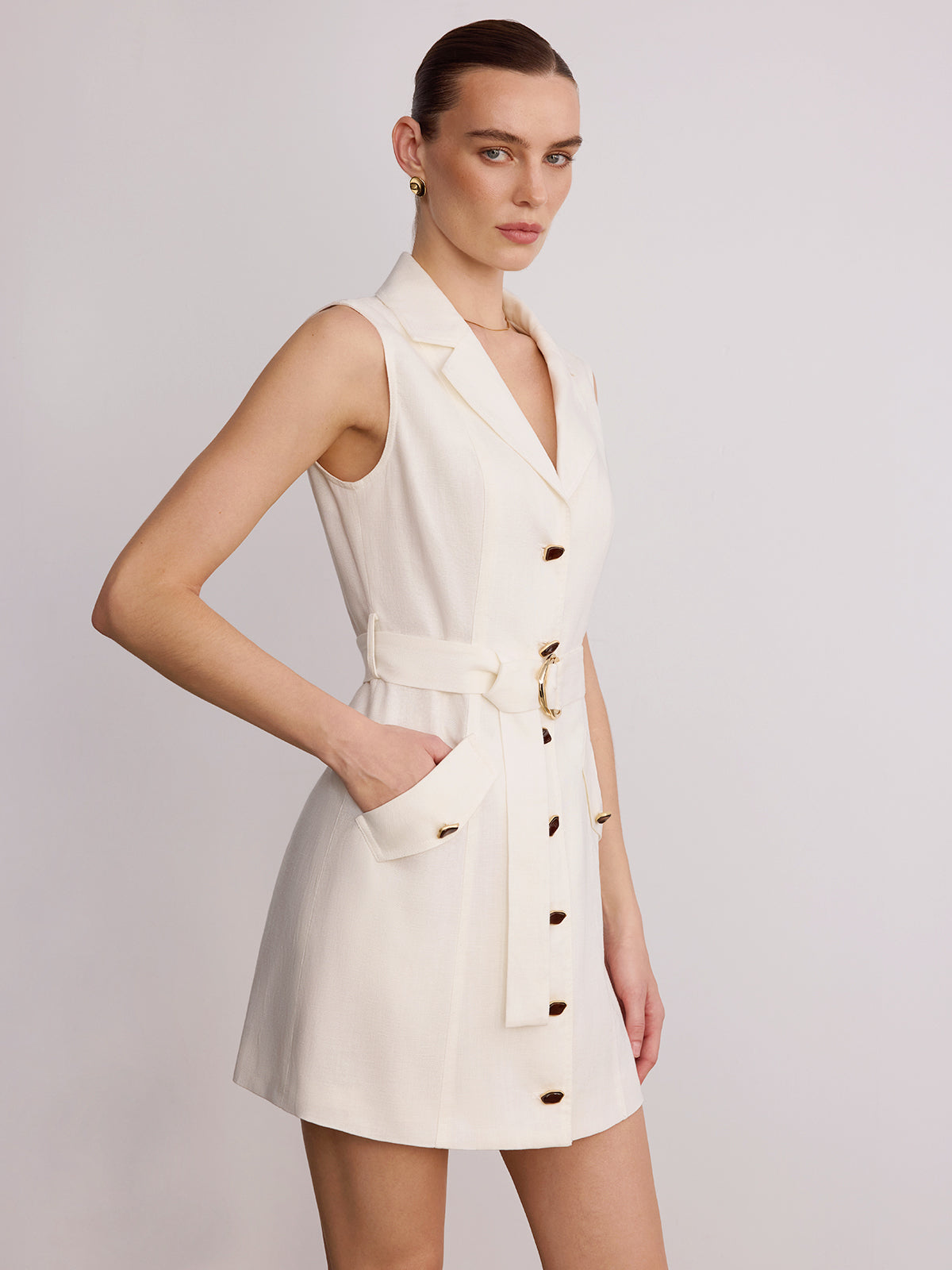 Blazer Collar Sleeveless Belted Linen Mini Dress