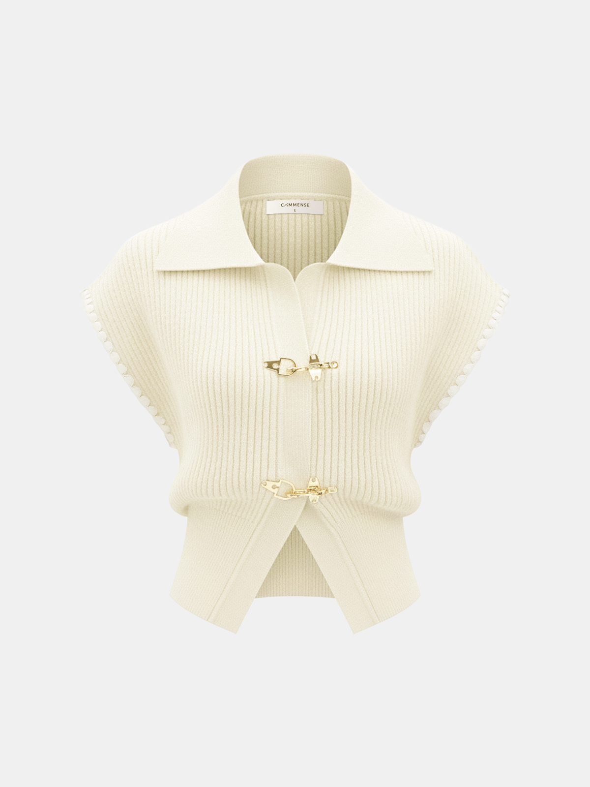 Metal Clasp Contrast Trim Collared Knit Vest