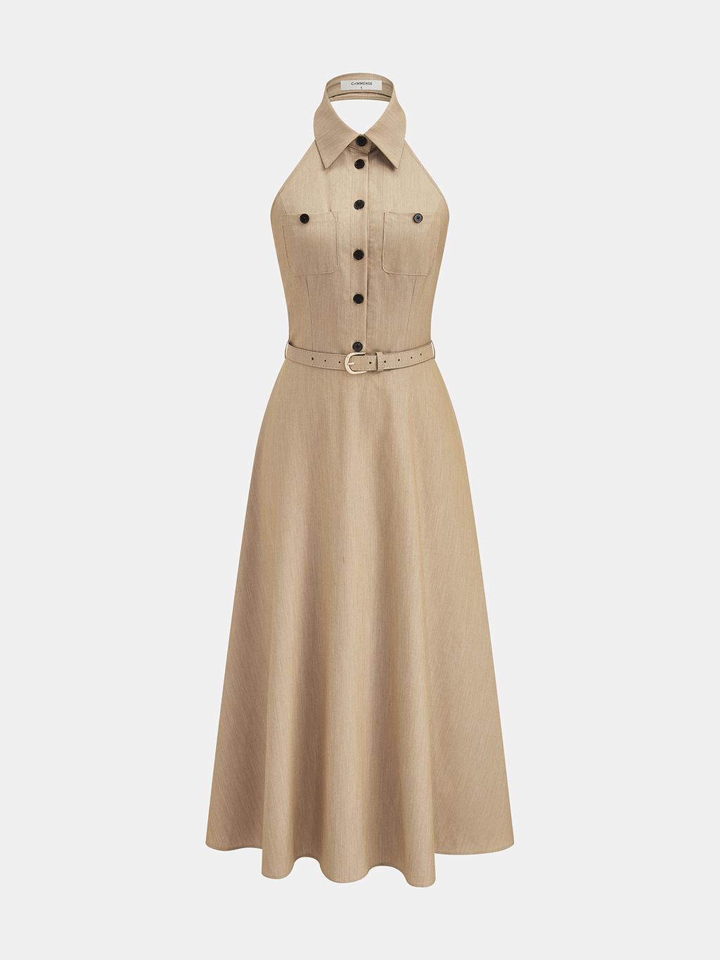 Collared Halter Backless Belted Maxi Dress