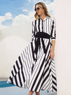 Striped Belted Shirt Midi Dress
