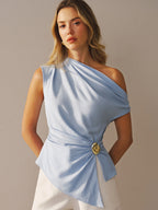 One-Shoulder Linen Blend Buckle Blouse