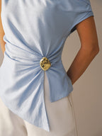 One-Shoulder Linen Blend Buckle Blouse