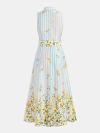 Floral Striped Sleeveless Belted Midi Dress