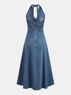 Halter Backless Denim Midi Dress