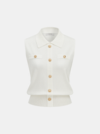 Metal Button Collared Sleeveless Knit Top