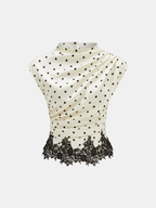 Polka Dot Ruched Lace Hem Sleeveless Blouse