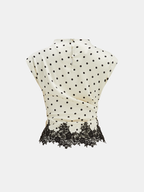 Polka Dot Ruched Lace Hem Sleeveless Blouse