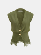 Lace Trim Metal Button V-Neck Knit Vest