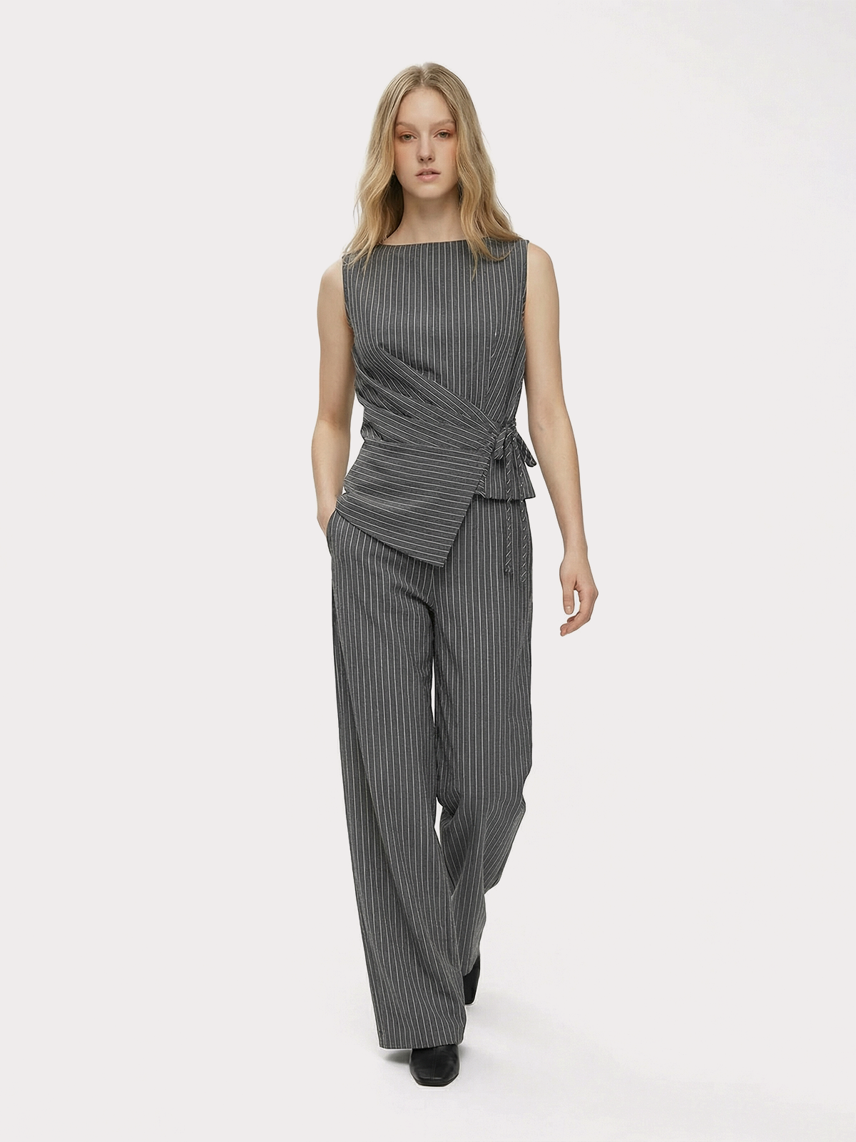 Pinstripe Wrap Top & Wide-Leg Pants Set