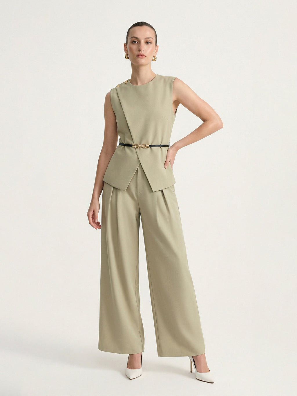 Sleeveless Belted Top & Pleated Pants Set