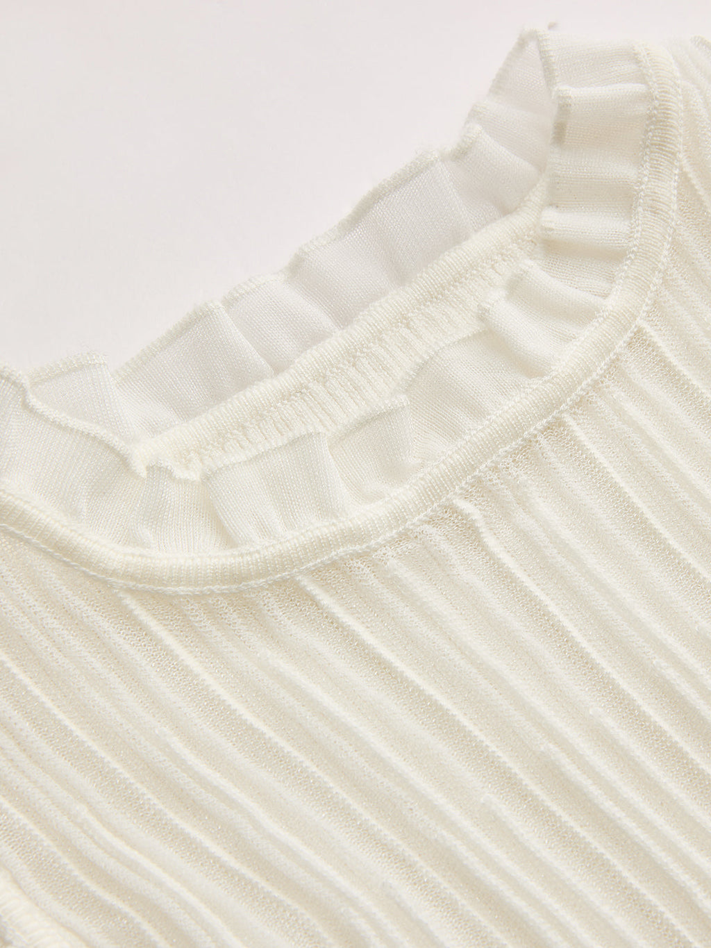 Ruffled Wool Blend Sheer Ribbed Knit Top