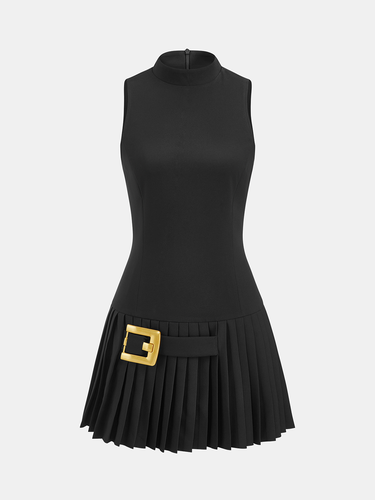 Sleeveless Mock Neck Buckle Pleated Dress
