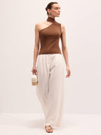 Asymmetric One-Shoulder Tie Neck Knit Top